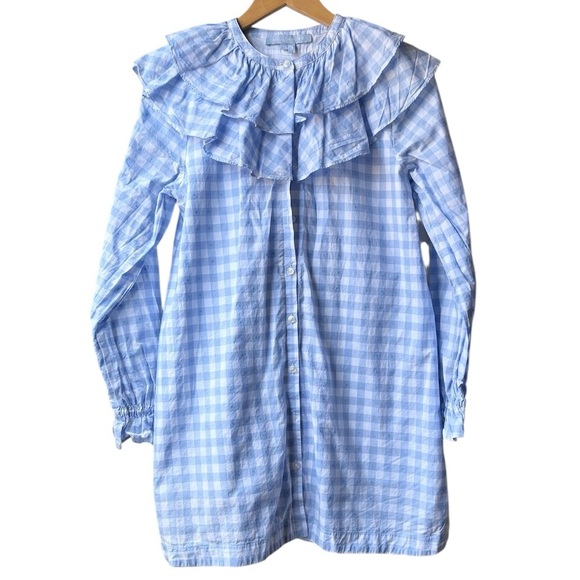 Hill House The Colette Dress in Blue Jacquard Check Ruffle Sz XS - Picture 5 of 15